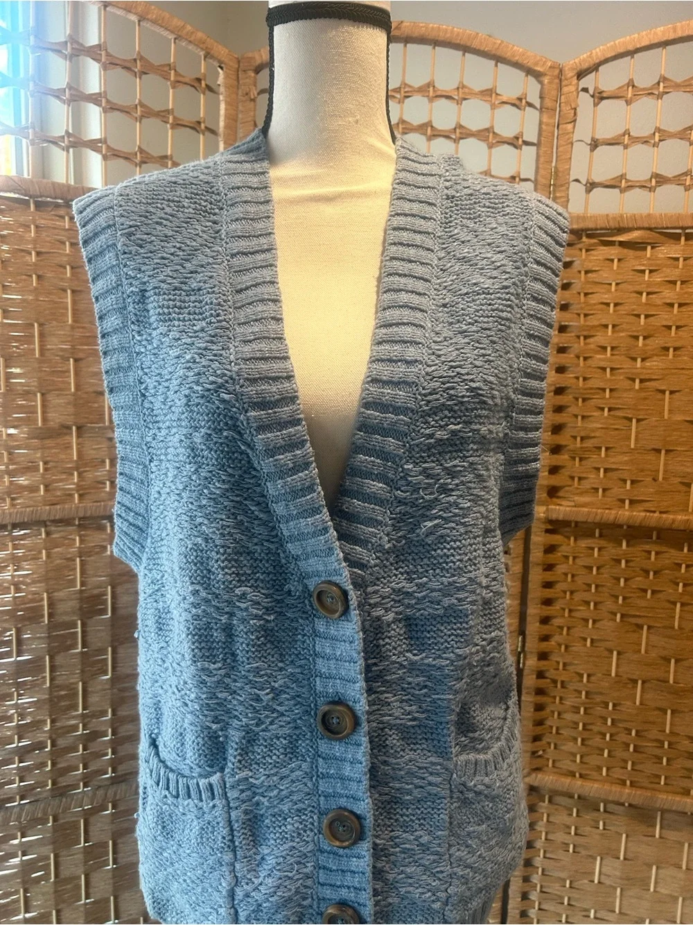 Free People oversized Light Blue Chunky Knit Button-Front Sleeveless Vest